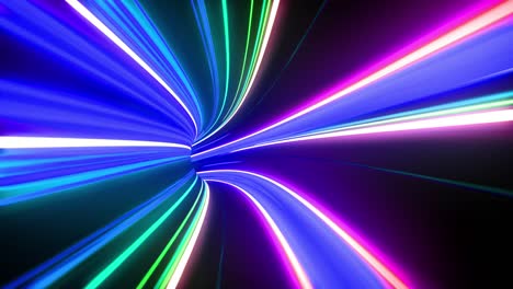 colorful multicolored straight lines on a dark background. abstract animation of neon, lasers and lines. flying through data tunnel. seamless loop, 3d animation in 4k