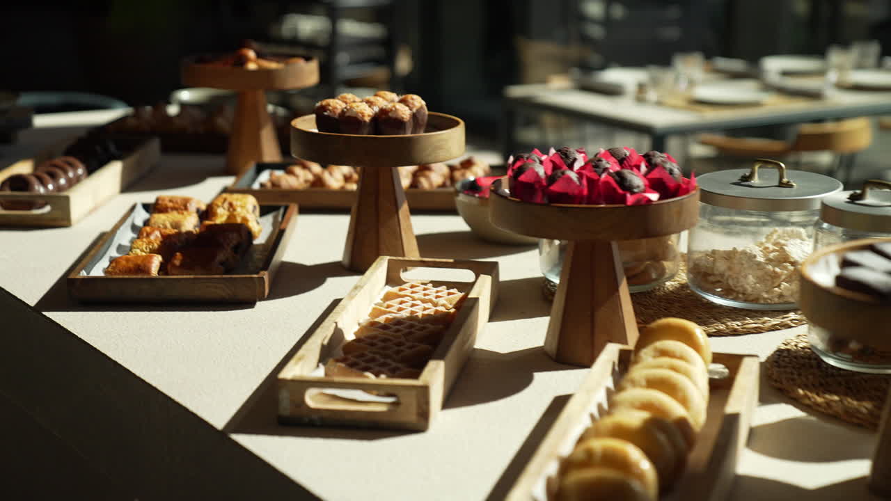 맛있는 페이스트리, 쿠키 및 디저트로 가득 찬 접시로 제공되는 브런치