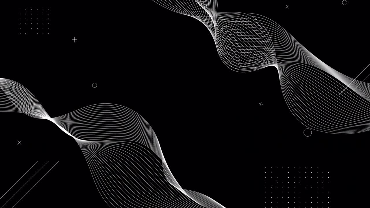 Abstract waves loop animation. Black background with white design elements, memphis style. Geometric shapes, dots, lines. fluid smooth wavy line, curves. Dark backdrop template with copy space