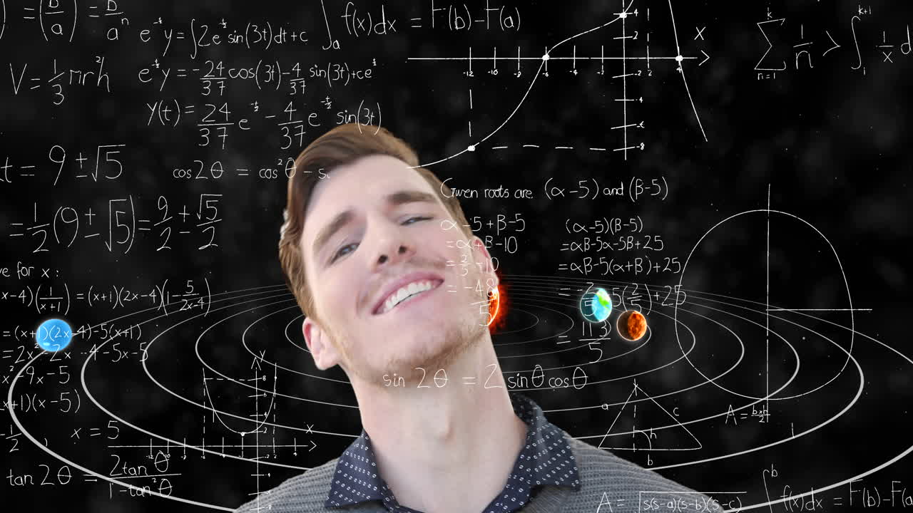 animación del hombre de negocios sobre ecuaciones y sistema solar