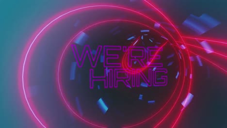 animation of we're hiring text over neon shapes on black background