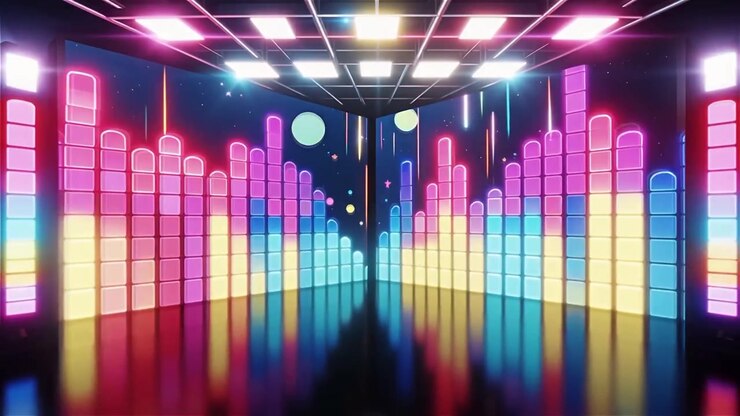Sfondo visualizzatore equalizzatore musicale neon arcobaleno futuristico.