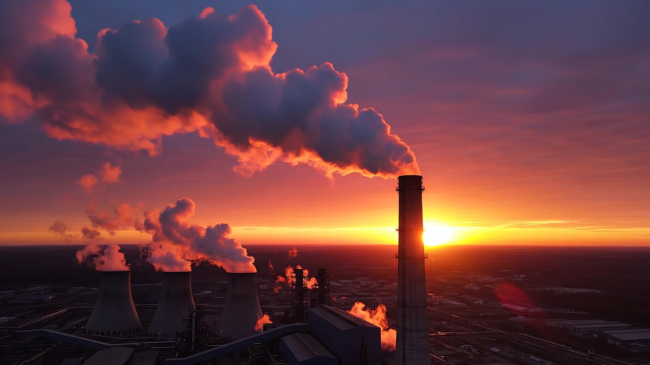 Centrale elettrica industriale con torri di raffreddamento al tramonto drammatico.
