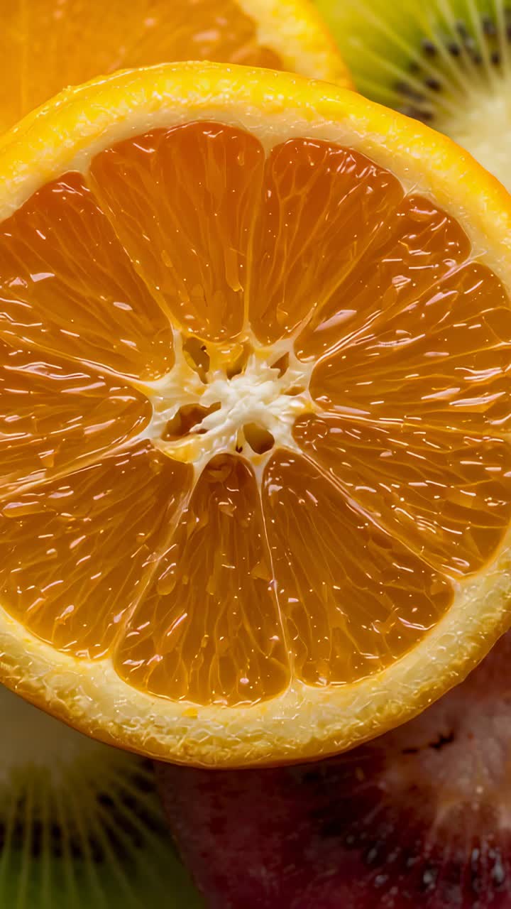 Video verticale: zoom della telecamera su mezza arancia nel piatto, con messa a fuoco su polpa, succo, kiwi e arancia rossa