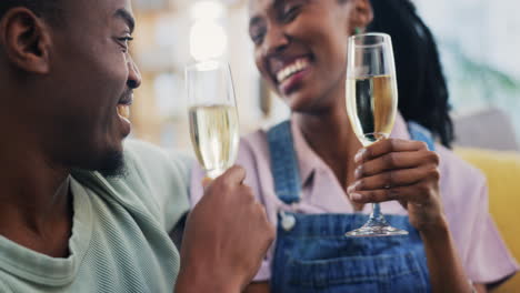 black couple, toast and champagne in home