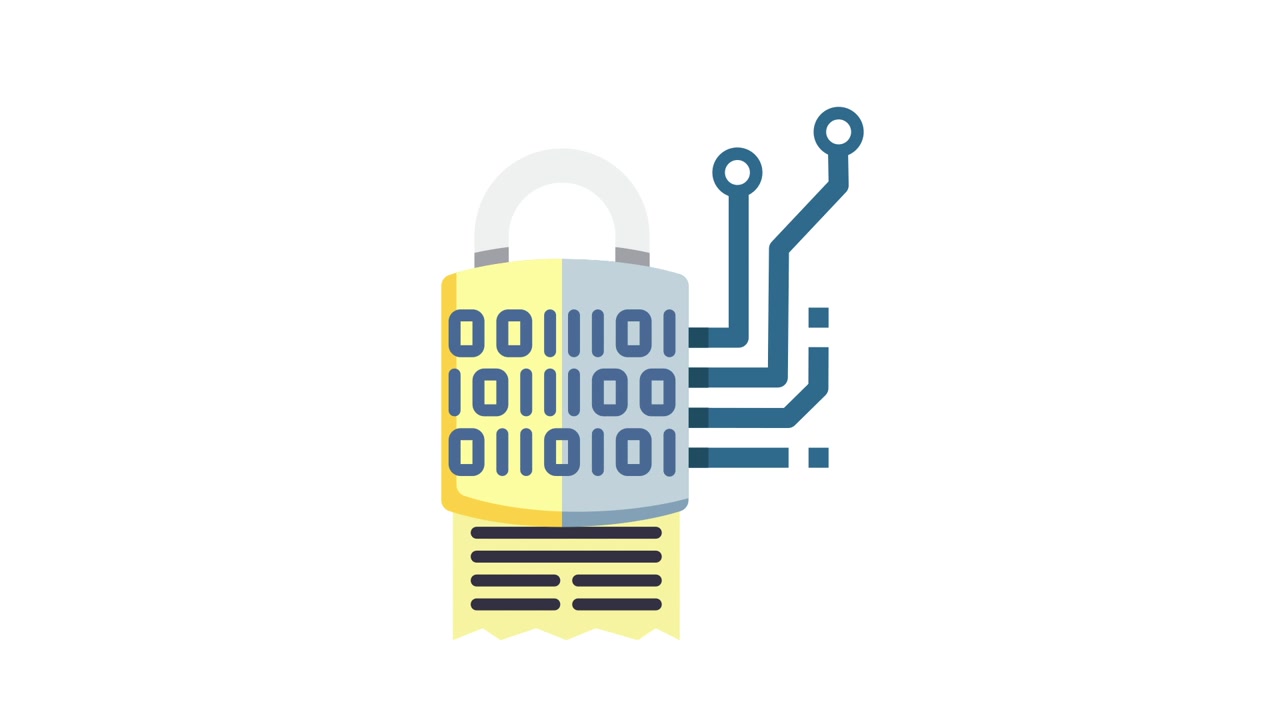 Animated Digital Security Padlock with Binary Code and Circuit Board
