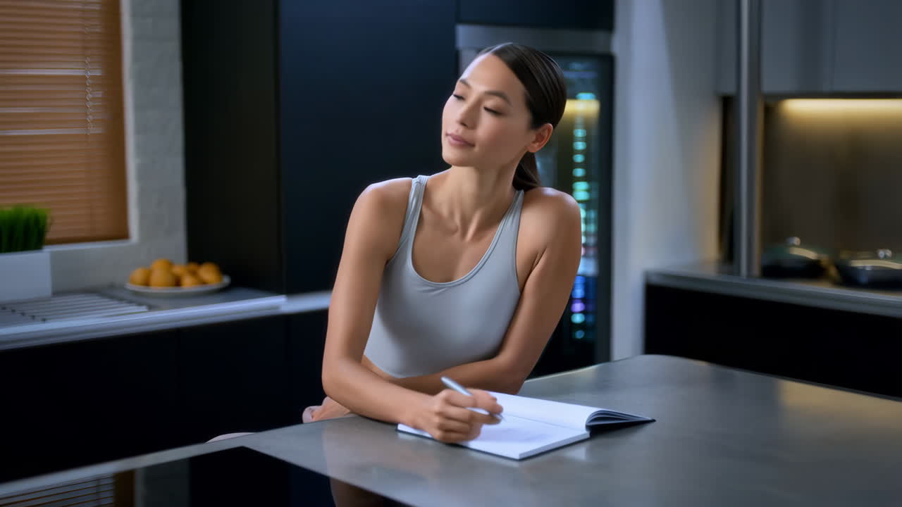 Woman writing in notebook in modern kitchen