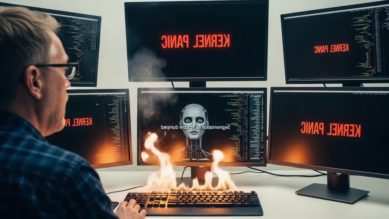 A Dramatic Representation of Tech Overload in a Dimly Lit Room: A Person Faces a Chaotic Scene of Multiple Monitors, Error Messages, and Flames, Evoking Feelings of Panic and Distress