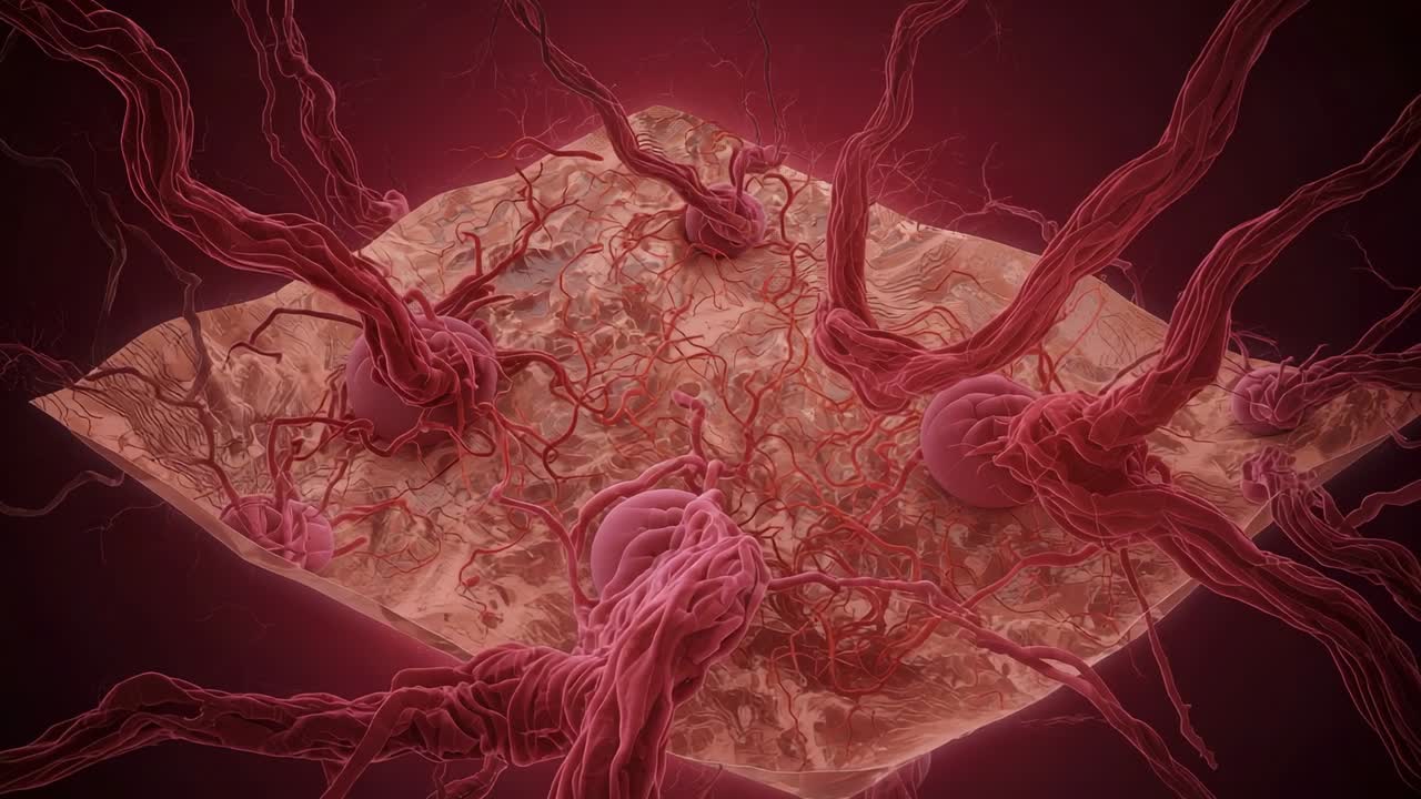 Camera panning revealing fibrous tendrils extending across red tissue sheet, with cell clusters