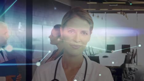 Animation-of-connections-over-happy-caucasian-female-doctor