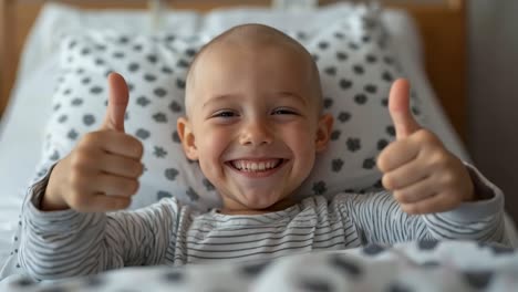 a little boy in a hospital bed giving two thumbs up