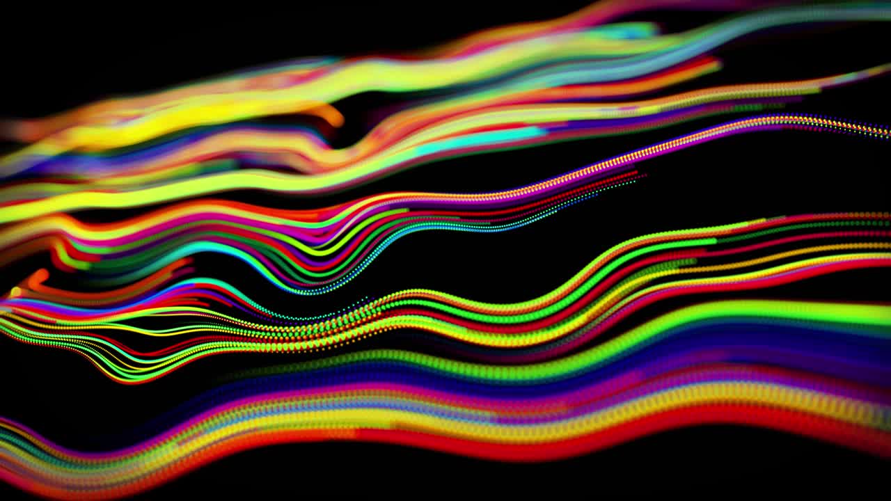 el flujo de partículas forma líneas rizadas como rastros de brillo de diferentes colores, las líneas forman un patrón giratorio como ruido de rizado. abstracto 3d bucle de flujo de animación como fondo festivo creativo brillante