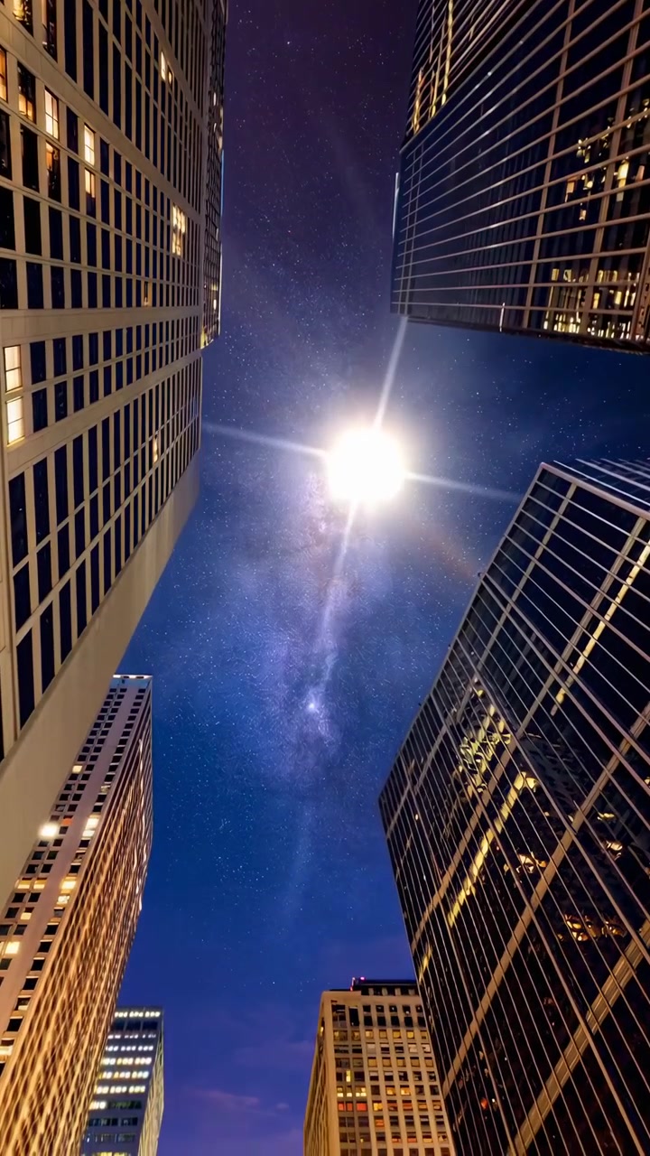 Paisaje urbano nocturno con río, rascacielos y cielo estrellado