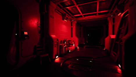 a narrow, dark corridor inside a spaceship, lit with red lights