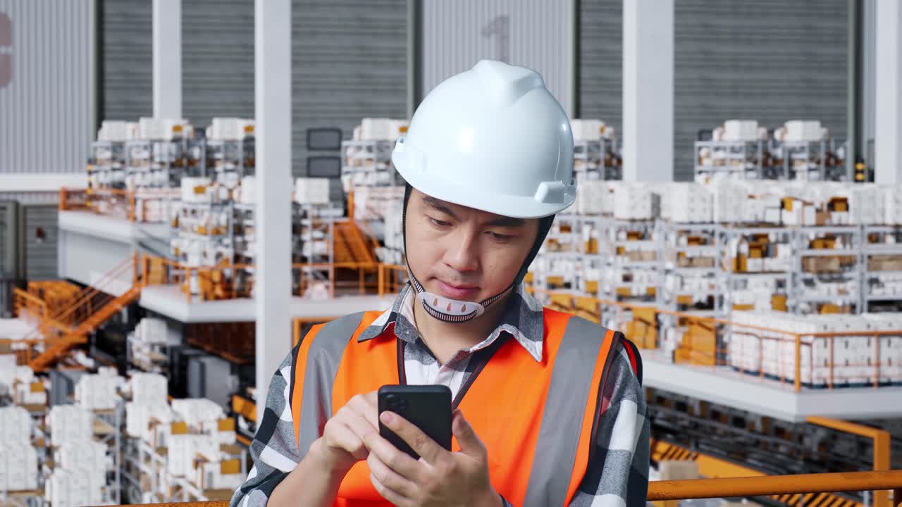 Lavoratore di magazzino che usa lo smartphone