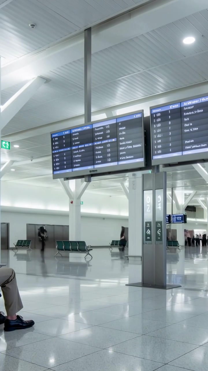 Video verticale: Mostra schermi informativi al gate mentre le persone camminano verso i gate, con una persona in cappotto blu che si muove.