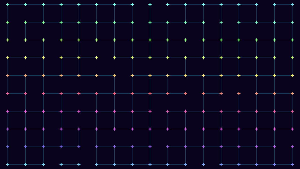 Animated abstract technology background showing a glowing grid of connected nodes in gradient colors on a dark backdrop, ideal for data, network, and digital interface themes