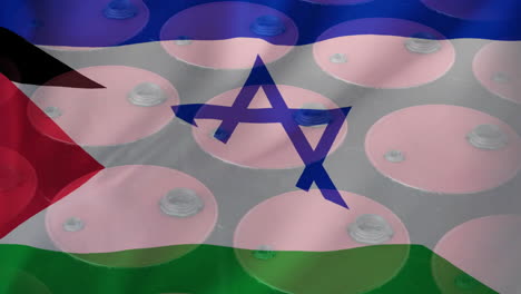 animation of oil barrels over flag of israel and palestine