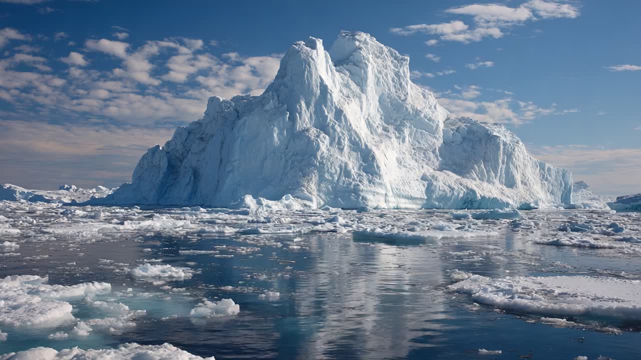 Majestic Iceberg Surrounded by Calm Waters and Floating Ice, Reflecting Blue Sky and Clouds, Capturing the Beauty of Polar Landscapes in this Stunning Scene