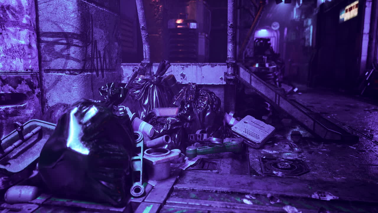 callejón cyberpunk oscuro con basura y escombros