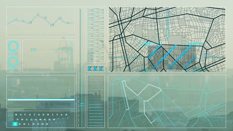 animación de la interfaz con el procesamiento de datos frente a una vista aérea del paisaje urbano