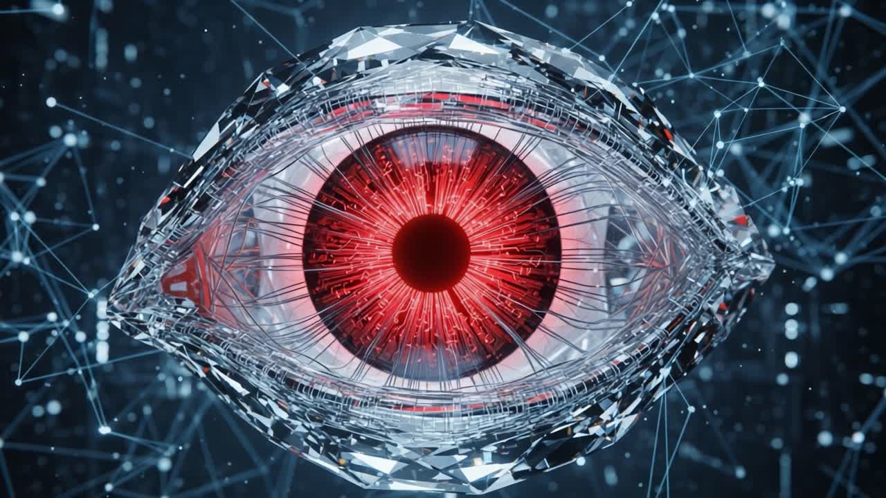 An Intricate and Mesmerizing Close-Up of a Futuristic Eye Design, Featuring a Red Core and a Geometric Crystal Structure Set Against a Complex Digital Background