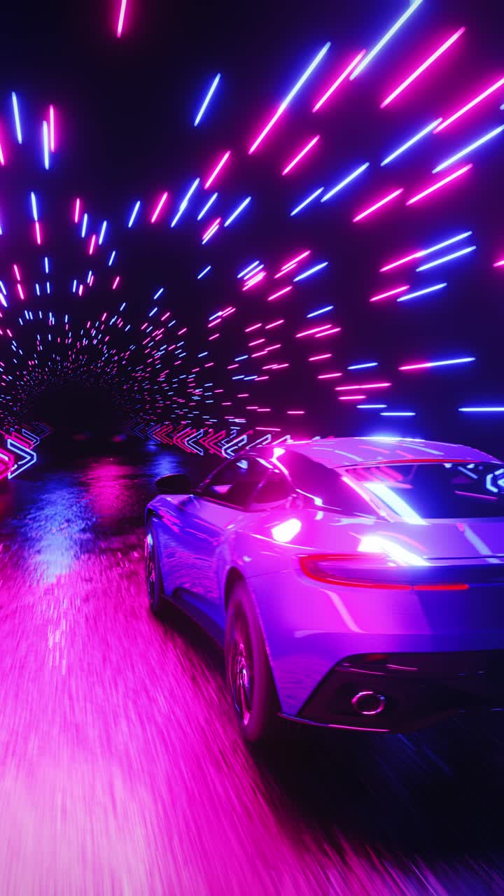 Un'auto sportiva sfreccia attraverso un tunnel al neon con segnali direzionali. Video verticale in loop