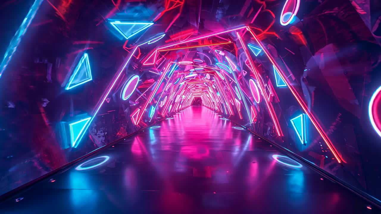 Pushing camera showing neon tunnel moving toward vanishing point with LED frames and mirror floor