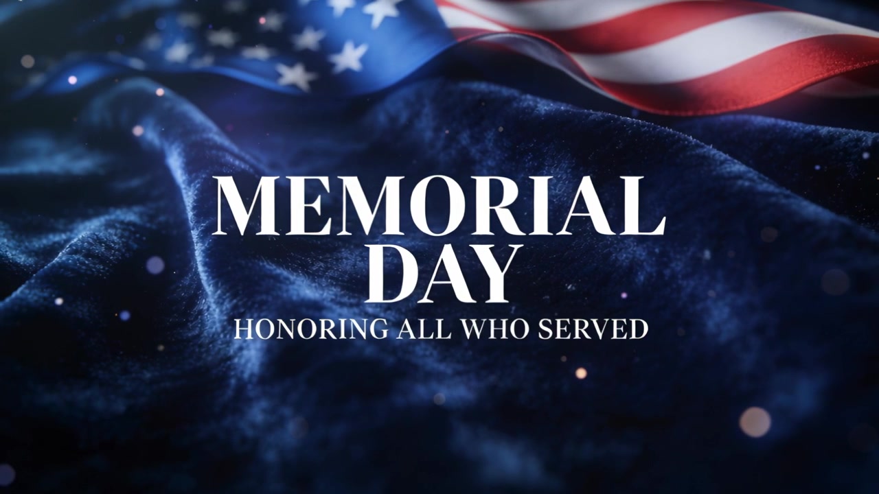 Mostra la schermata del titolo MEMORIAL DAY, il clip inizia con il tessuto di una bandiera statunitense che sventola e un effetto bokeh, in onore dei veterani.