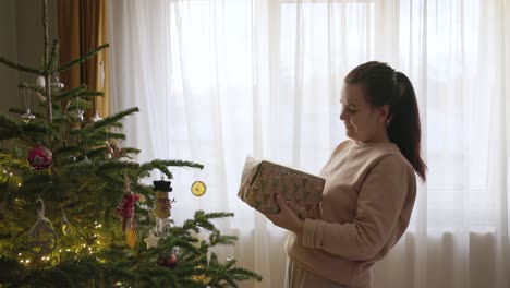 a girl standing next to the christmas tree is tossing a gift into the air - medium close up