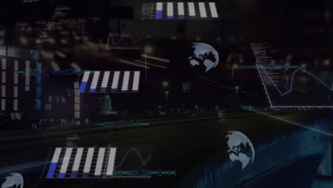 Animation-of-statistical-data-processing-against-time-lapse-of-city-traffic-at-night
