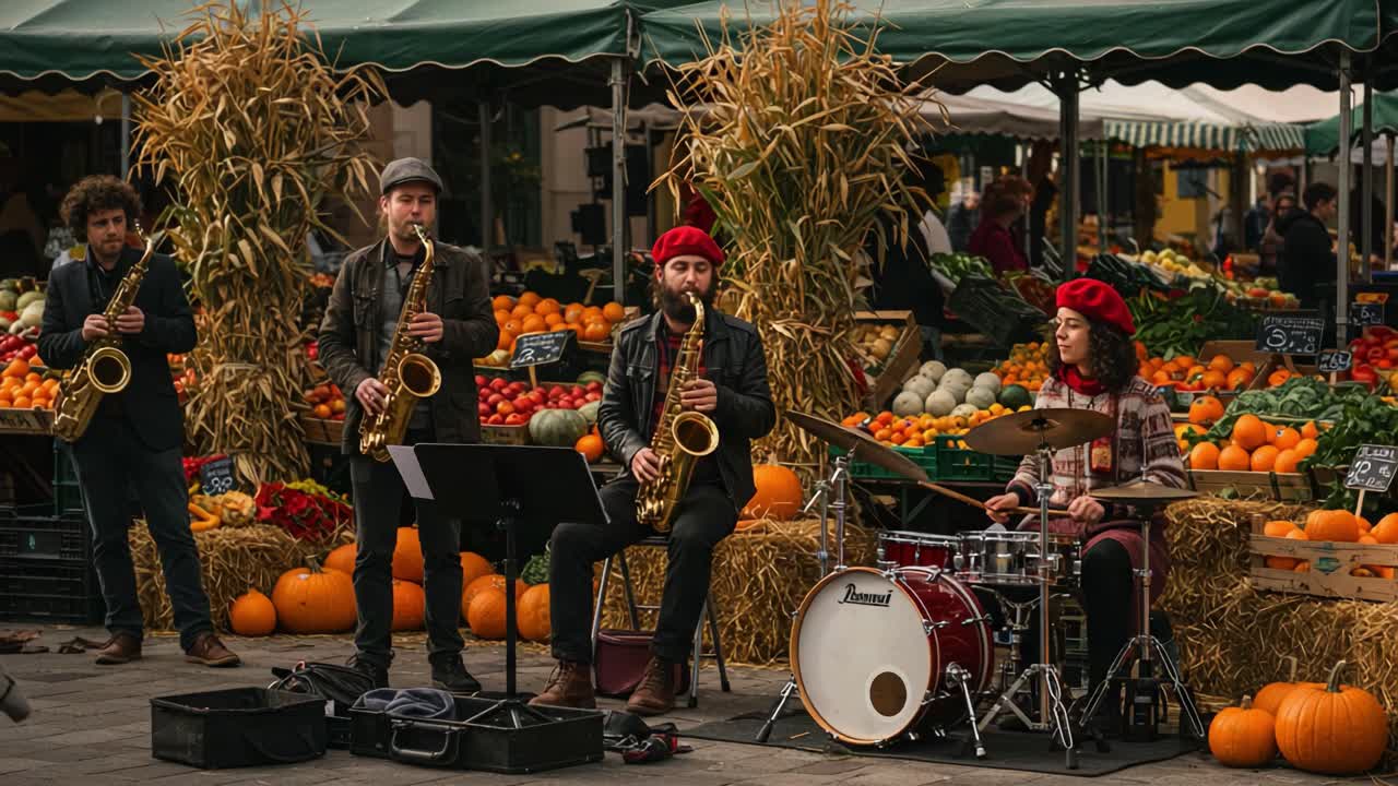 A street band performing amidst market stalls decorated for autumn