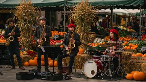 a street band performing amidst market stalls decorated for autumn