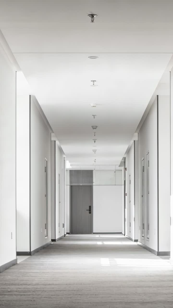Video verticale: Mostra un corridoio e una porta grigia, mentre la luce naturale proietta un debole bagliore sul pavimento nell'ingresso.