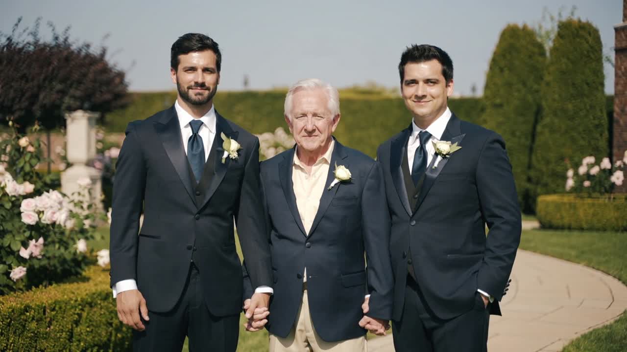Três homens de terno posando de mãos dadas para um casamento, respondendo à deixa da câmera no jardim.