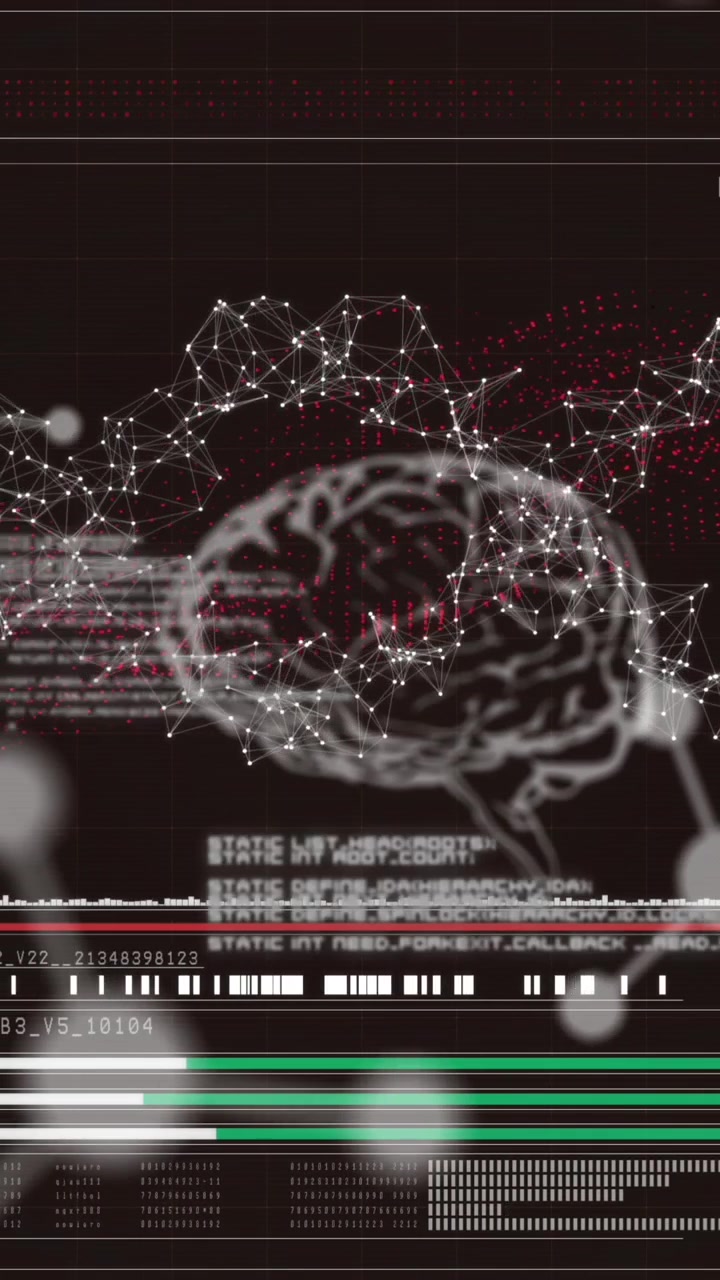 Animation of dna, brain and scientific data processing over black background
