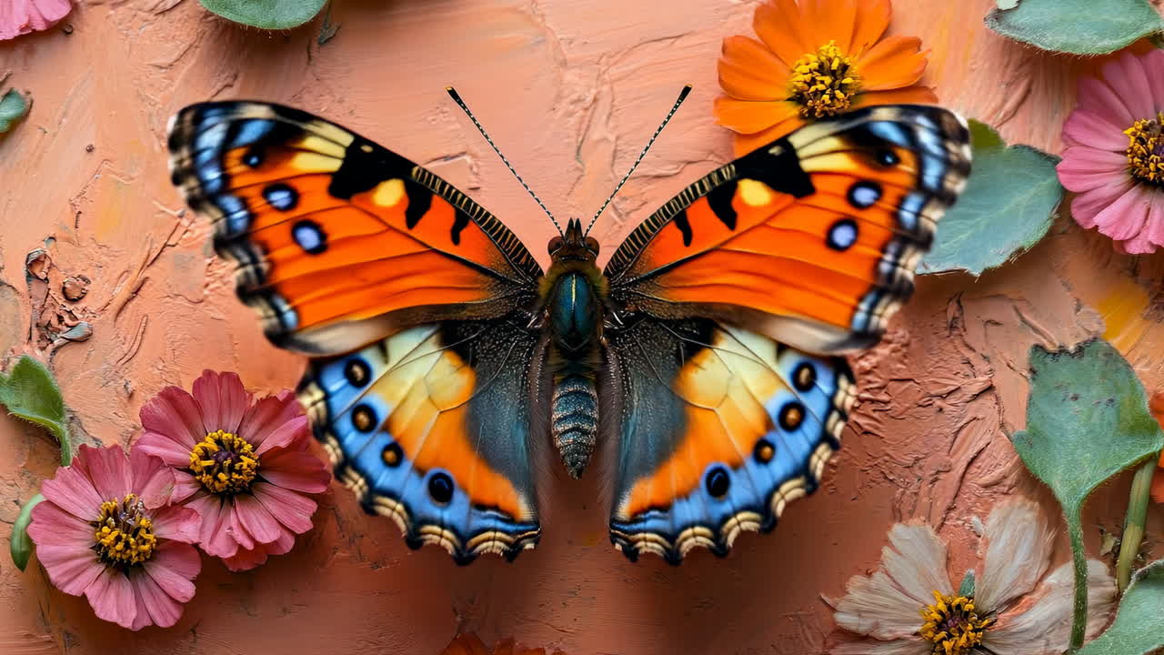 Farfalla colorata sui fiori. Una farfalla vivace con ali arancioni e blu si posa su fiori rosa e gialli su uno sfondo arancione текстурный.