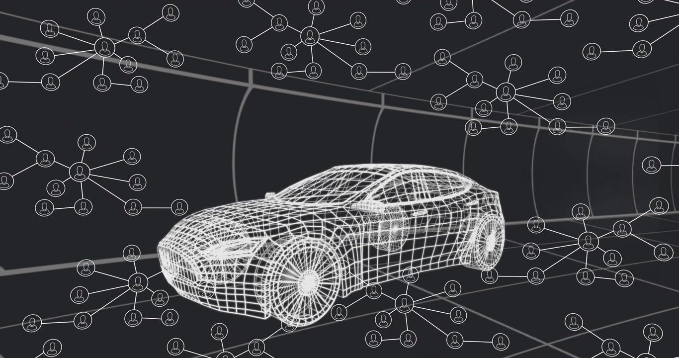 Modello di auto wireframe visualizzato in uno spazio di rete virtuale 3D, con cluster di nodi circolari.