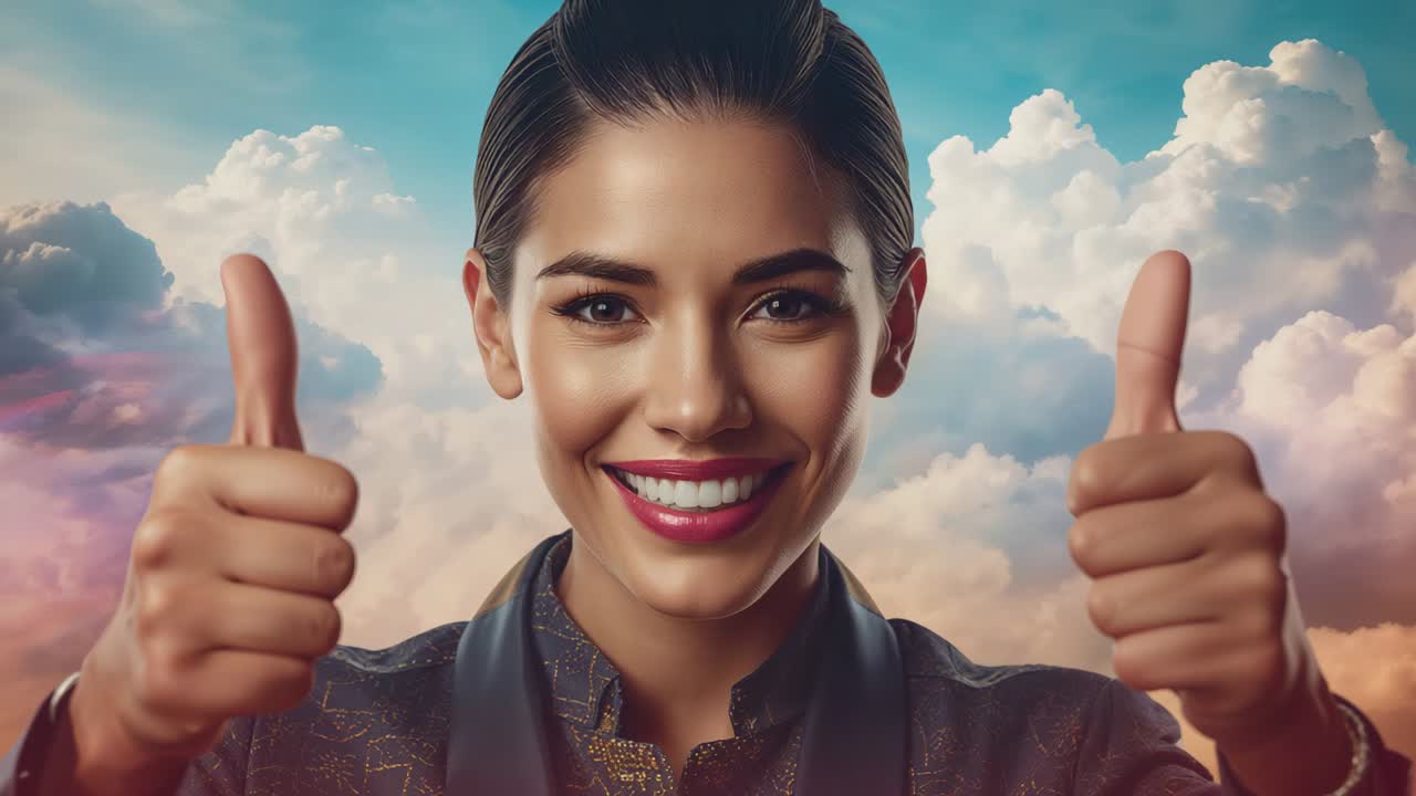 Smiling woman facing camera during filming holding both thumbs-up with pastel clouds wearing jacket