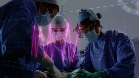surgeons performing operation with heartbeat and data processing animation over them