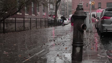 Boca-De-Incendios-Derramando-Agua-En-Una-Acera-De-Brooklyn-En-Un-Día-De-Invierno-Nublado,-Lluvioso-Y-Nevado---Primer-Plano-Medio