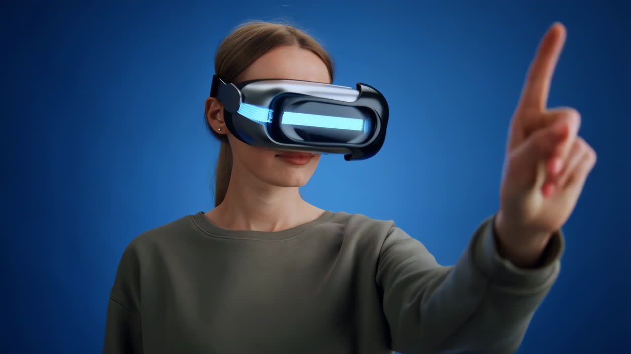Woman Experiencing and Interacting with Virtual Reality Headset