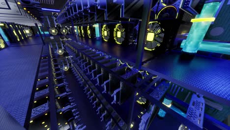 3d animation of mining equipment on stand racks mine cryptocurrency in steel container. blockchain technology application specific integrated circuit datacenter. server room lights.