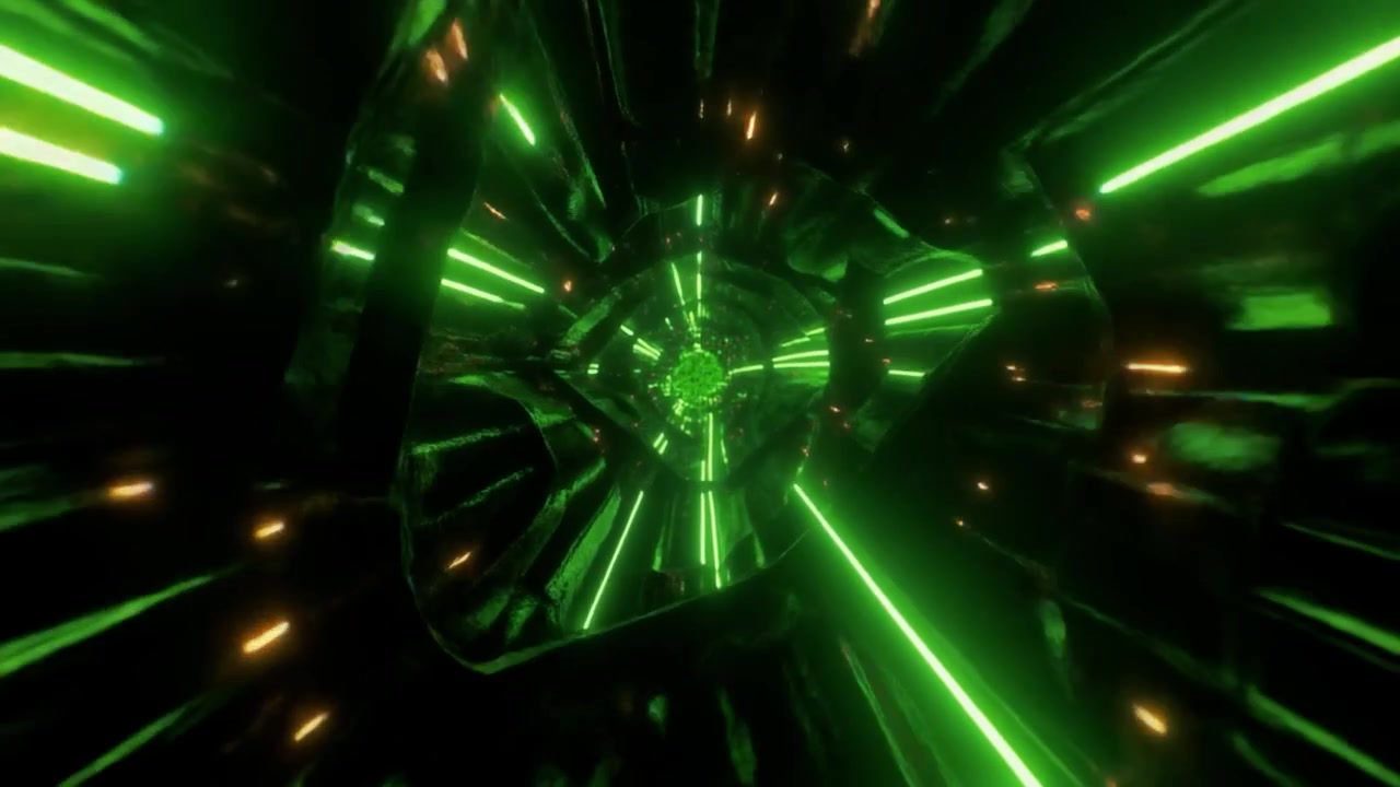 Movimento veloce attraverso un tunnel di luce neon verde futuristico