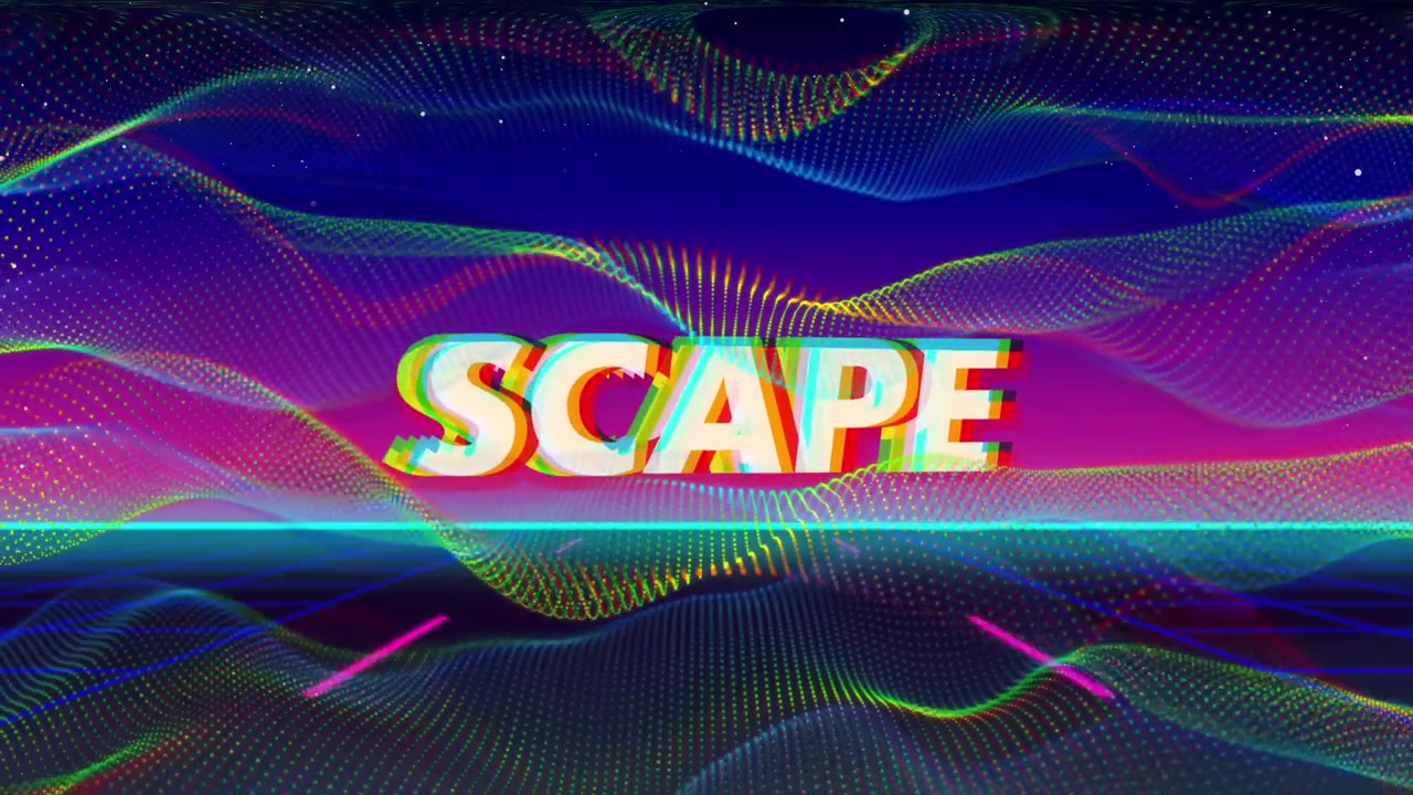Emerging neon line over neon grid, SCAPE text fading, glitching over wave mesh with pink streaks