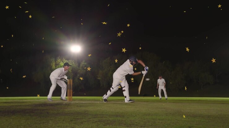 Giocatore di cricket che lancia una palla rossa, battitore che colpisce la mazza per fare punti, giocatori in campo che protestano, stelle che cadono.