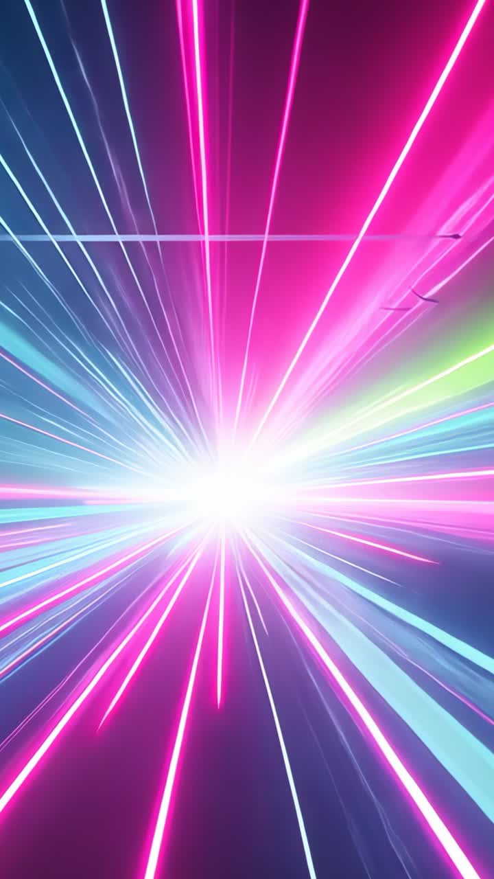 Vertical video: Glowing core emitting neon streaks outward in void, pulsing pink cyan green bursts