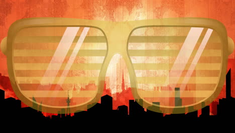 animación de gafas en la ciudad sobre un fondo amarillo
