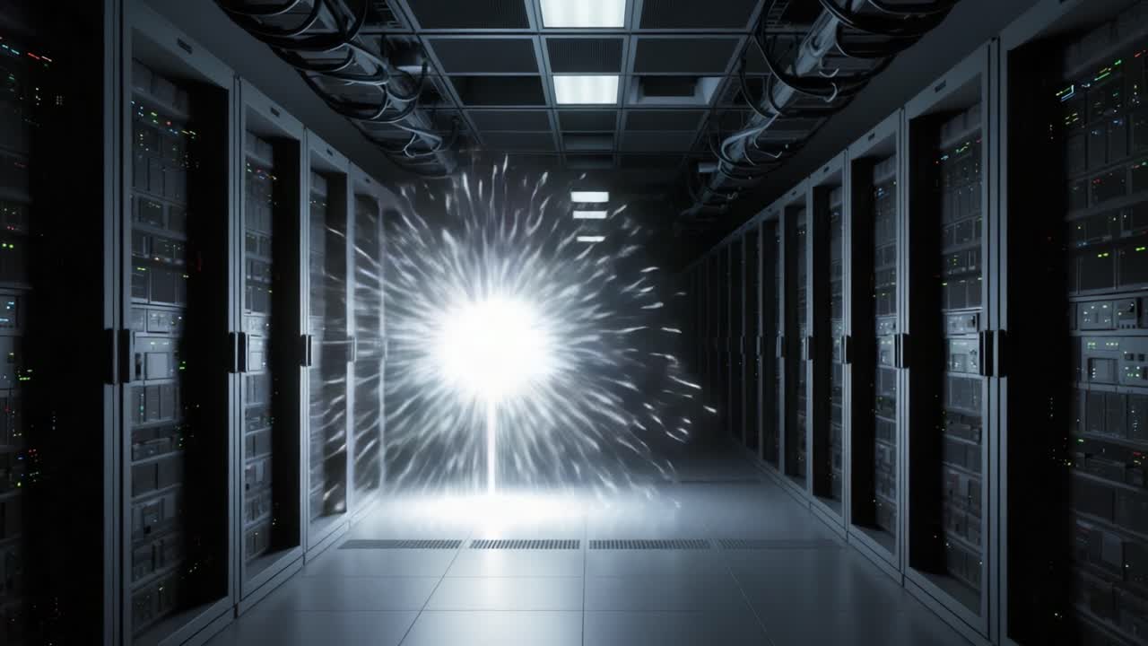A Sparkling Burst of Energy Illuminates the Server Room, Creating a Surreal Contrast Against the Dark, Technology-Driven Environment of High-Tech Data Storage