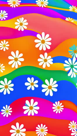 colorful abstract background with white daisies on vibrant wavy patterns